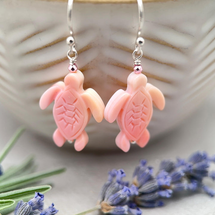 Sea Turtle Earrings - Cultured Recycled Faux "Sea Glass" Tortuga - Solid 925 Sterling Silver - Choose Your Color - Tropical Beach Vibes - SunlightSilver