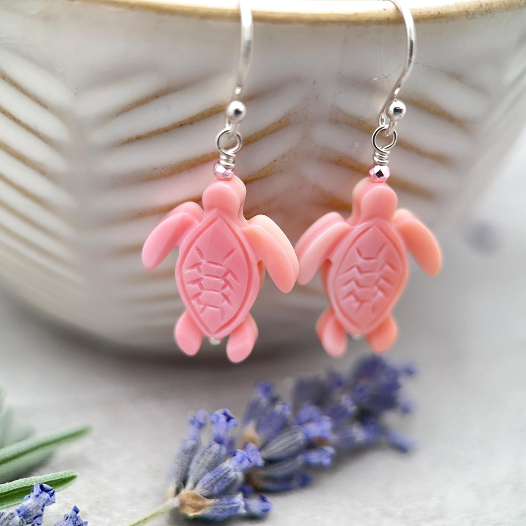 Sea Turtle Earrings - Cultured Recycled Faux "Sea Glass" Tortuga - Solid 925 Sterling Silver - Choose Your Color - Tropical Beach Vibes - SunlightSilver