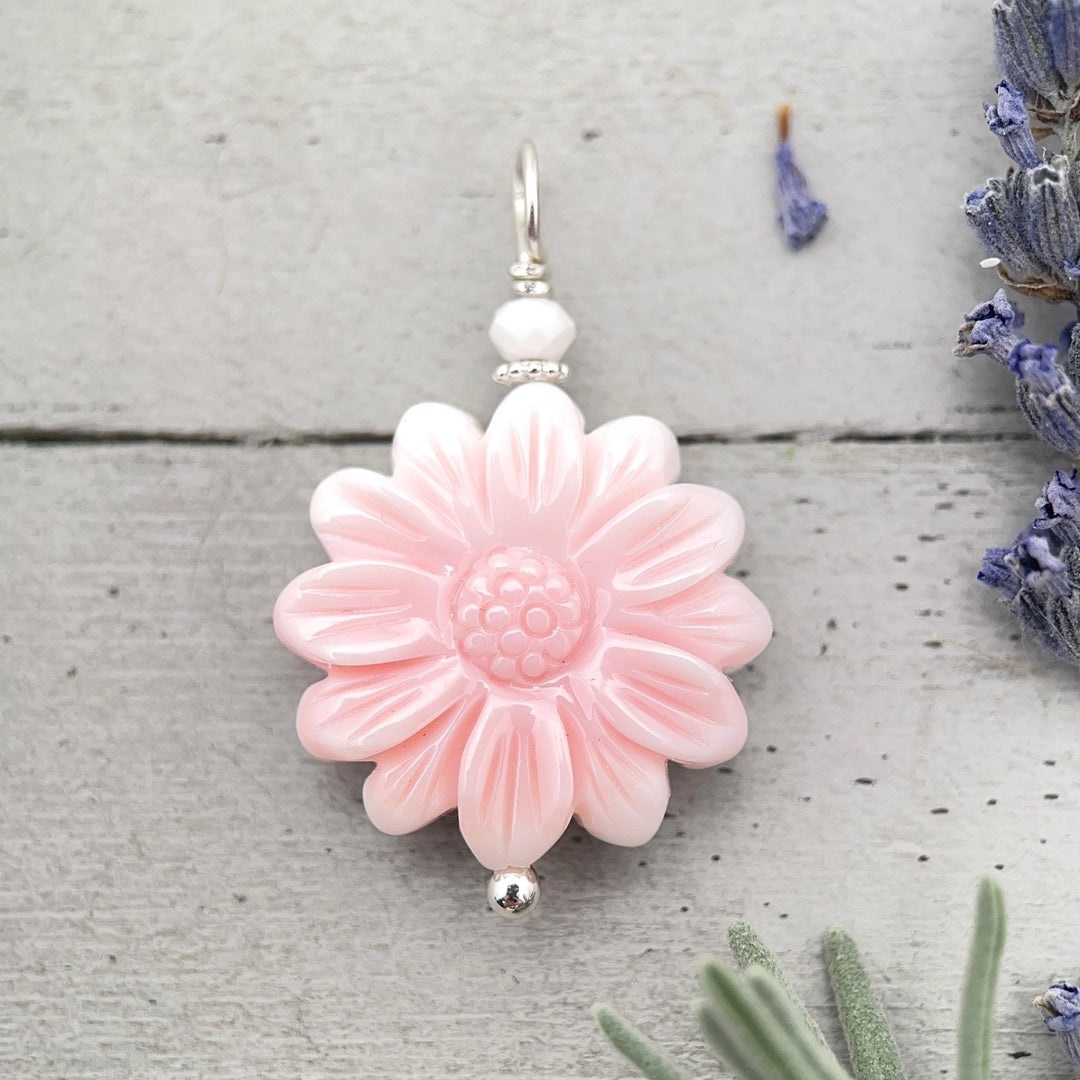 Large Carved Pink Queen Conch Shell Flower and Sterling Silver Pendant - SunlightSilver