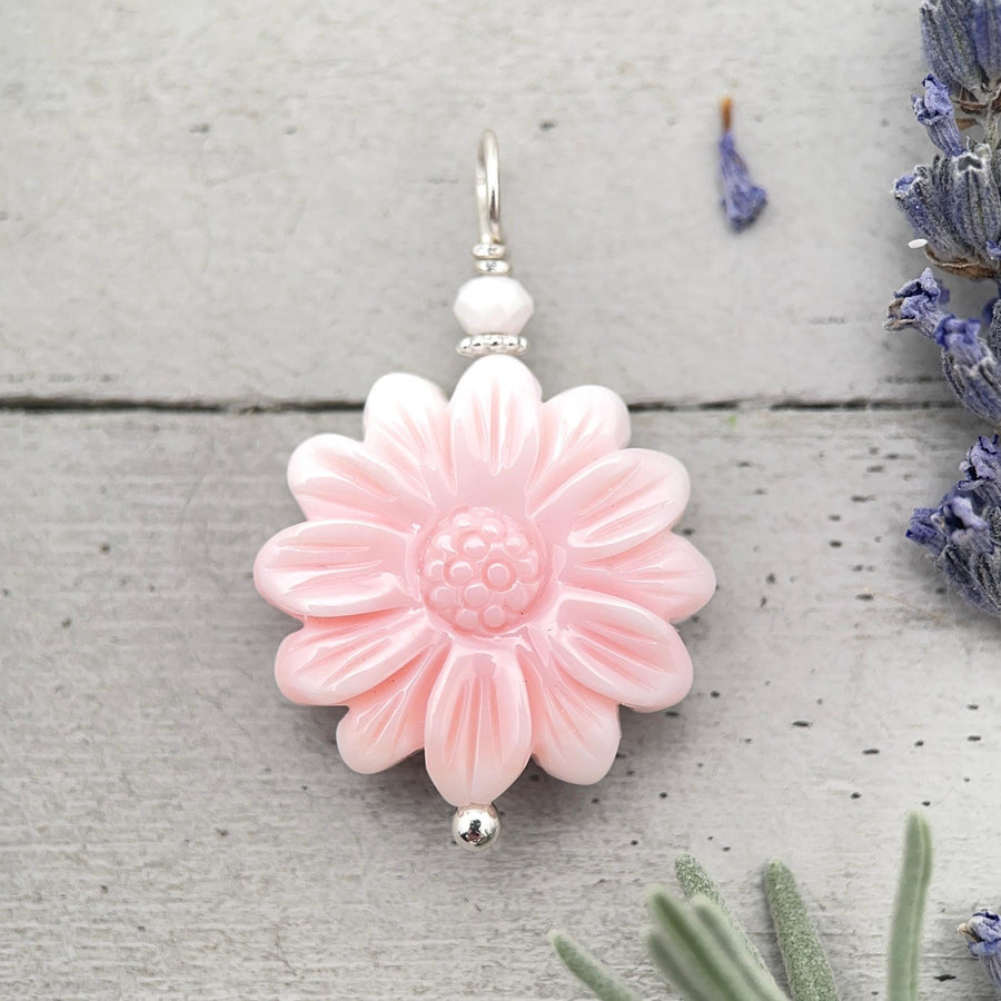 Large Carved Pink Queen Conch Shell Flower and Sterling Silver Pendant - SunlightSilver