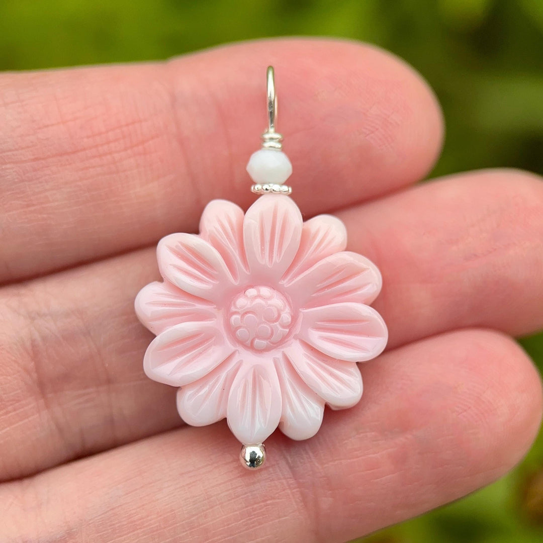 Large Carved Pink Queen Conch Shell Flower and Sterling Silver Pendant - SunlightSilver
