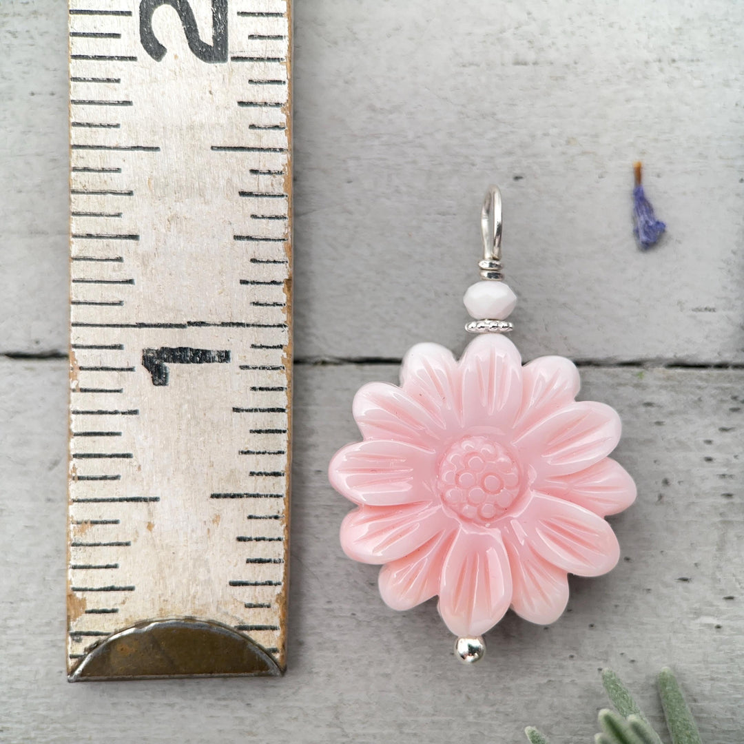 Large Carved Pink Queen Conch Shell Flower and Sterling Silver Pendant - SunlightSilver