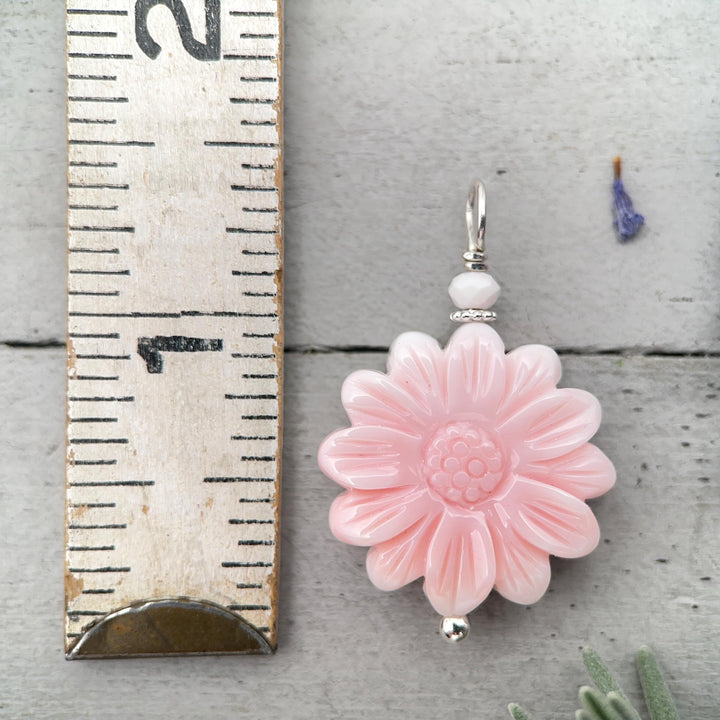 Large Carved Pink Queen Conch Shell Flower and Sterling Silver Pendant - SunlightSilver