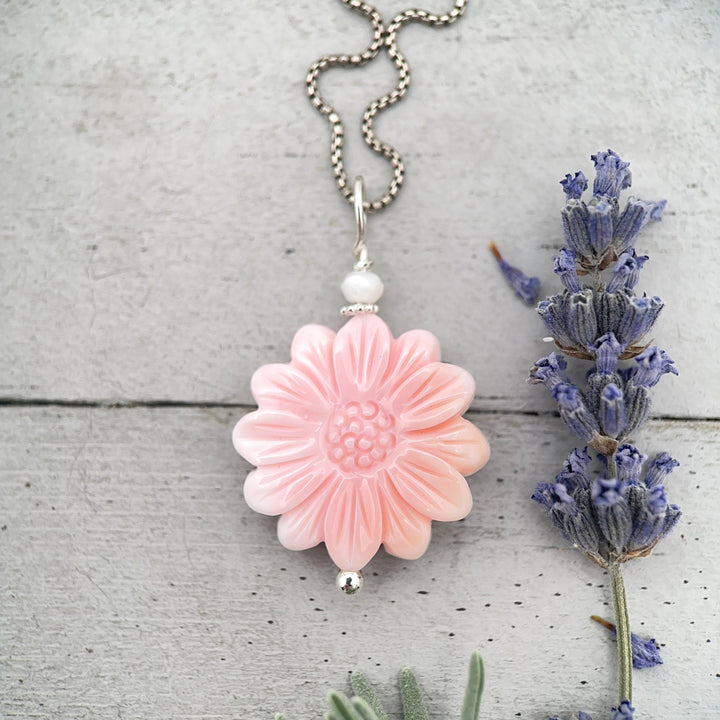 Large Carved Pink Queen Conch Shell Flower and Sterling Silver Pendant - SunlightSilver