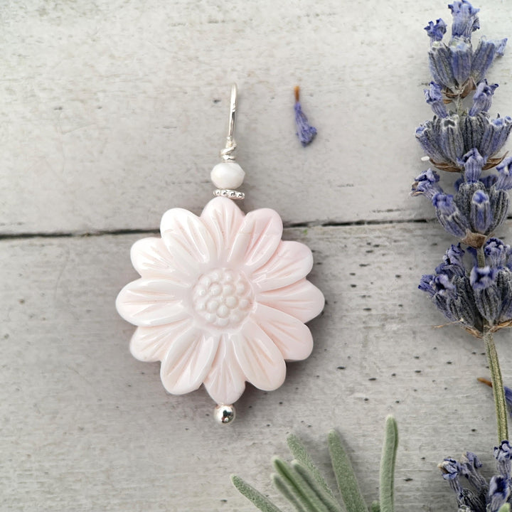 Large Carved Pink Queen Conch Shell Flower and Sterling Silver Pendant - SunlightSilver