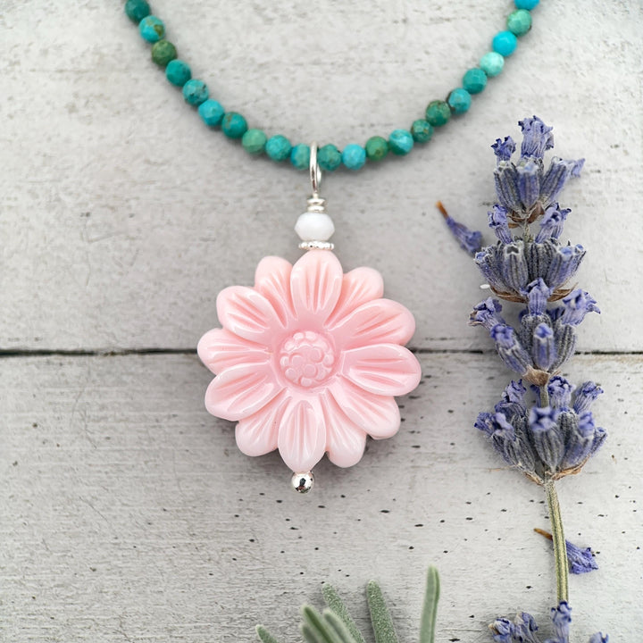Large Carved Pink Queen Conch Shell Flower and Sterling Silver Pendant - SunlightSilver
