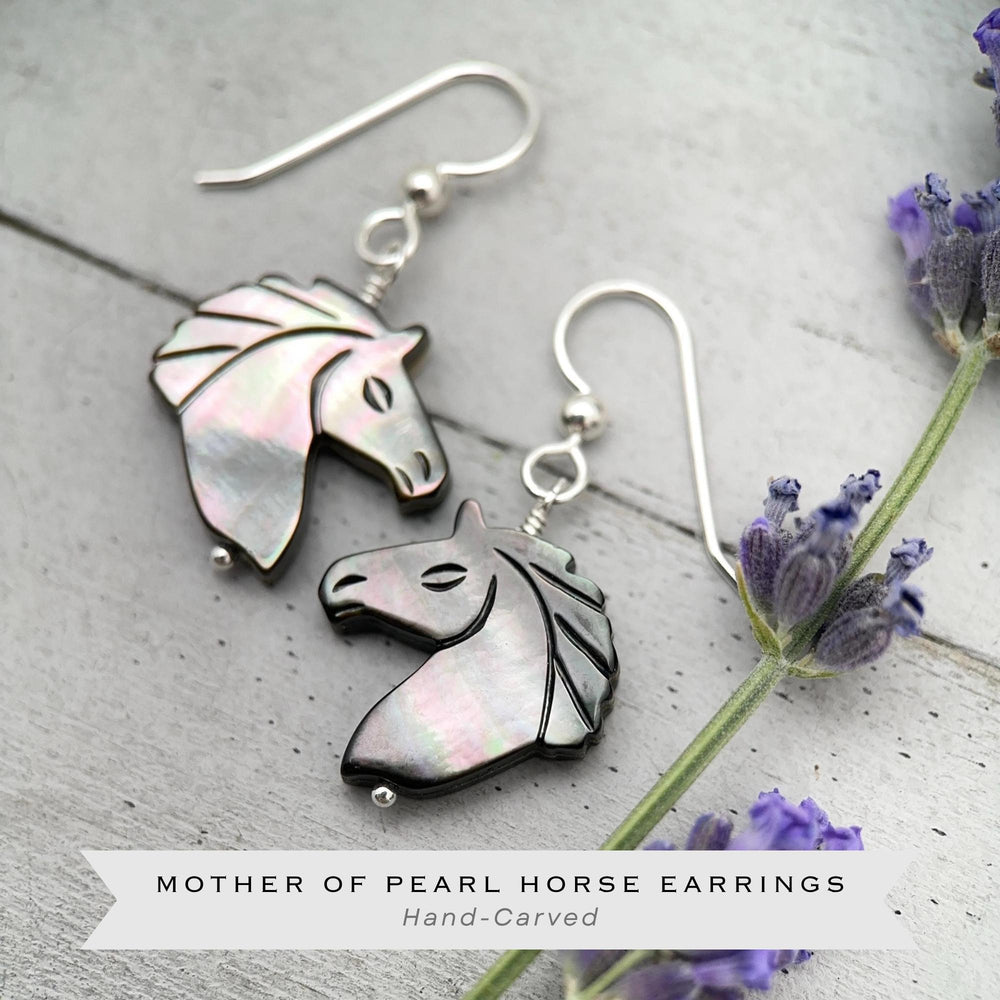 Gray Mother of Pearl Horse Earrings | Sterling Silver Black Lip Oyster Shell| Year of the Horse 2026 | Western Gift for Her - SunlightSilver