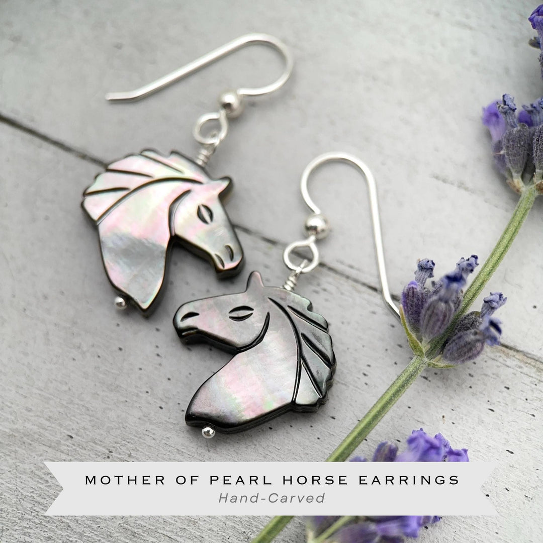 Gray Mother of Pearl Horse Earrings | Sterling Silver Black Lip Oyster Shell| Year of the Horse 2026 | Western Gift for Her - SunlightSilver