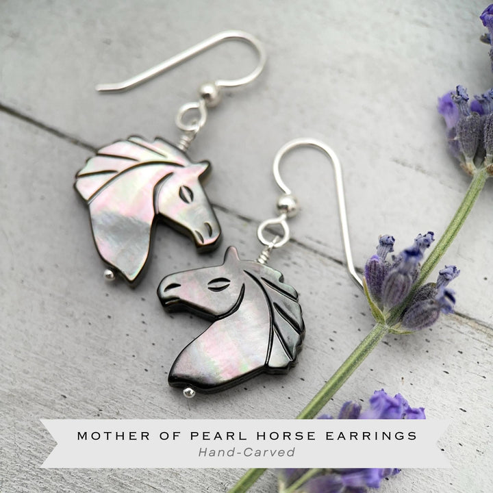 Gray Mother of Pearl Horse Earrings | Sterling Silver Black Lip Oyster Shell| Year of the Horse 2026 | Western Gift for Her - SunlightSilver