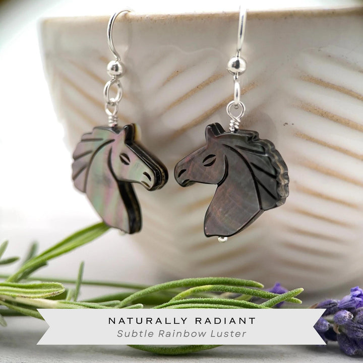 Gray Mother of Pearl Horse Earrings | Sterling Silver Black Lip Oyster Shell| Year of the Horse 2026 | Western Gift for Her - SunlightSilver