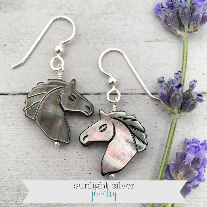 Gray Mother of Pearl Horse Earrings | Sterling Silver Black Lip Oyster Shell| Year of the Horse 2026 | Western Gift for Her - SunlightSilver