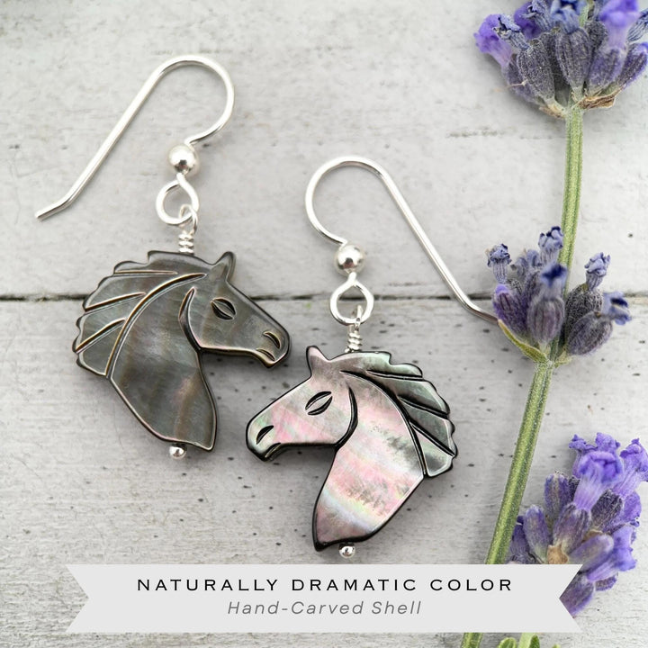 Gray Mother of Pearl Horse Earrings | Sterling Silver Black Lip Oyster Shell| Year of the Horse 2026 | Western Gift for Her - SunlightSilver