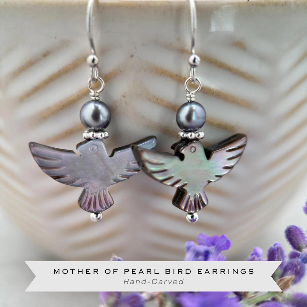 Black Mother of Pearl Thunder Bird, Pearl and Sterling Silver Earrings - Black Lipped Oyster Shell Jewelry - Native Thunderbird Symbol - SunlightSilver