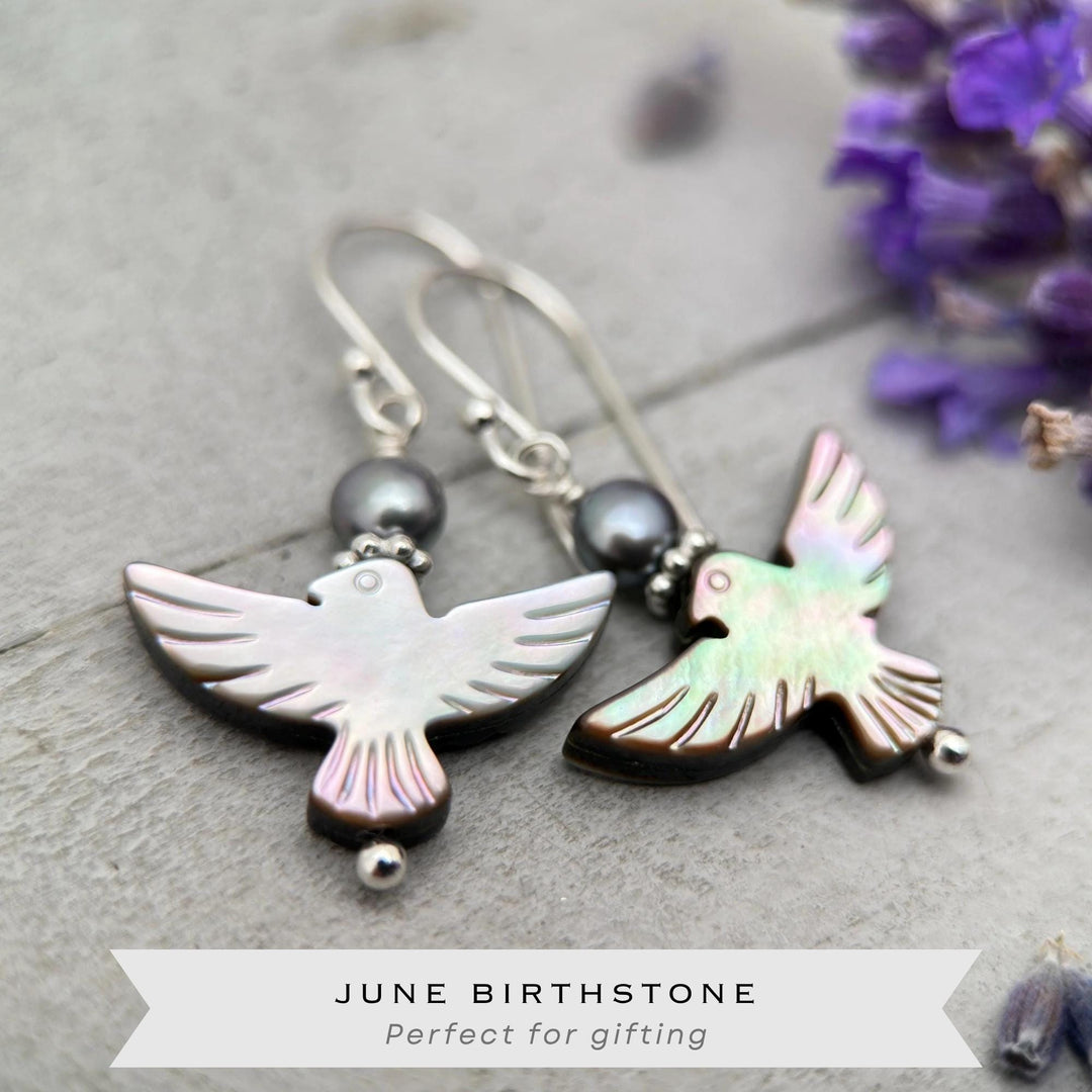 Black Mother of Pearl Thunder Bird, Pearl and Sterling Silver Earrings - Black Lipped Oyster Shell Jewelry - Native Thunderbird Symbol - SunlightSilver