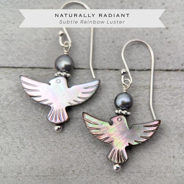 Black Mother of Pearl Thunder Bird, Pearl and Sterling Silver Earrings - Black Lipped Oyster Shell Jewelry - Native Thunderbird Symbol - SunlightSilver