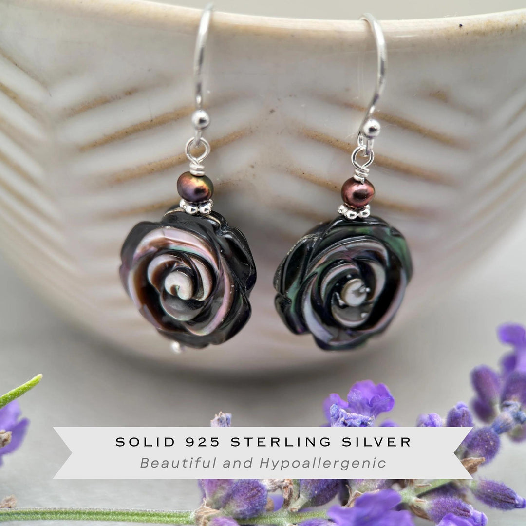 Black Lip Oyster Shell Rose Flower and Sterling Silver Earrings - SunlightSilver