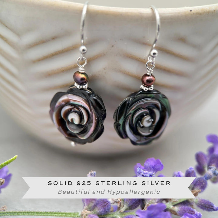 Black Lip Oyster Shell Rose Flower and Sterling Silver Earrings - SunlightSilver