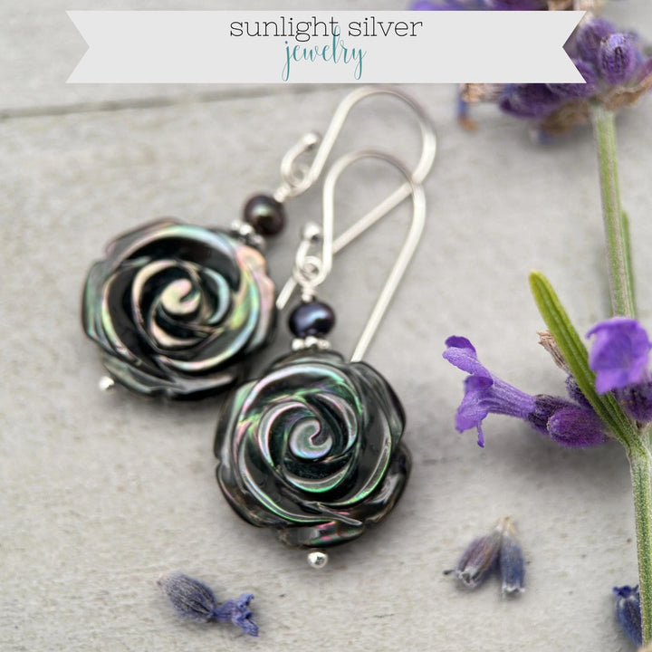 Black Lip Oyster Shell Rose Flower and Sterling Silver Earrings - SunlightSilver