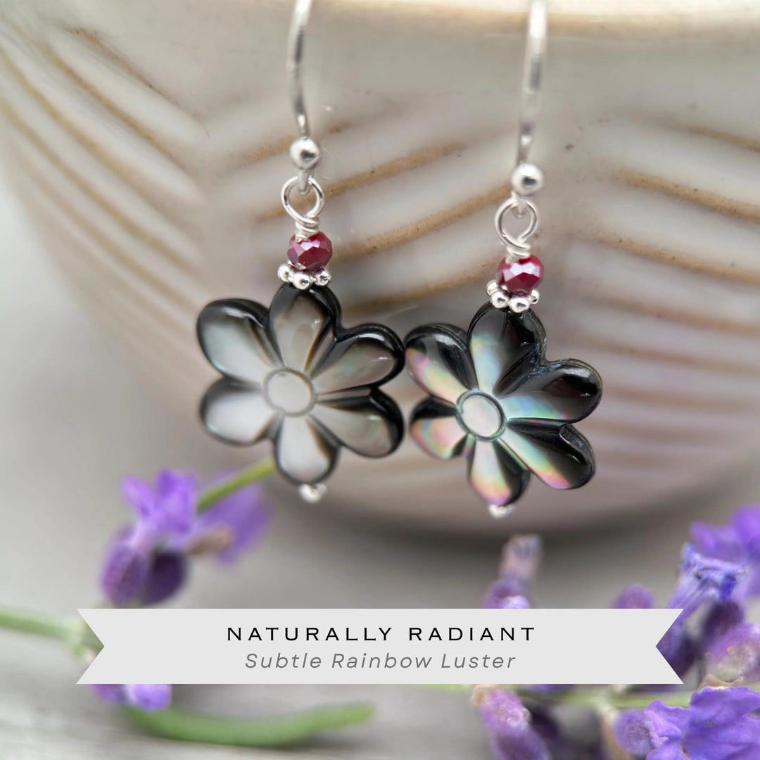 Black Lip Oyster Shell Daisy Flower and Sterling Silver Earrings - SunlightSilver