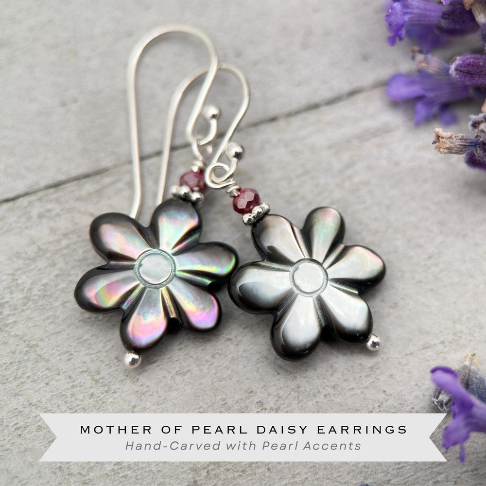 Black Lip Oyster Shell Daisy Flower and Sterling Silver Earrings - SunlightSilver