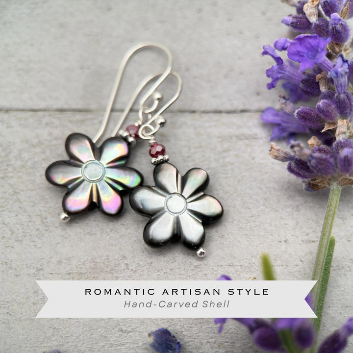 Black Lip Oyster Shell Daisy Flower and Sterling Silver Earrings - SunlightSilver