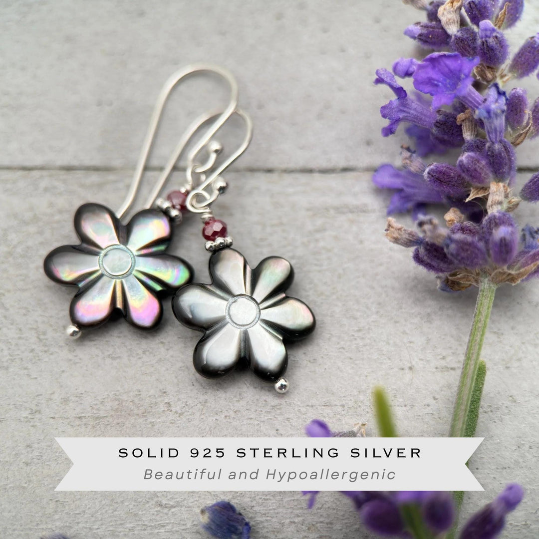 Black Lip Oyster Shell Daisy Flower and Sterling Silver Earrings - SunlightSilver