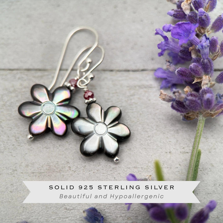 Black Lip Oyster Shell Daisy Flower and Sterling Silver Earrings - SunlightSilver
