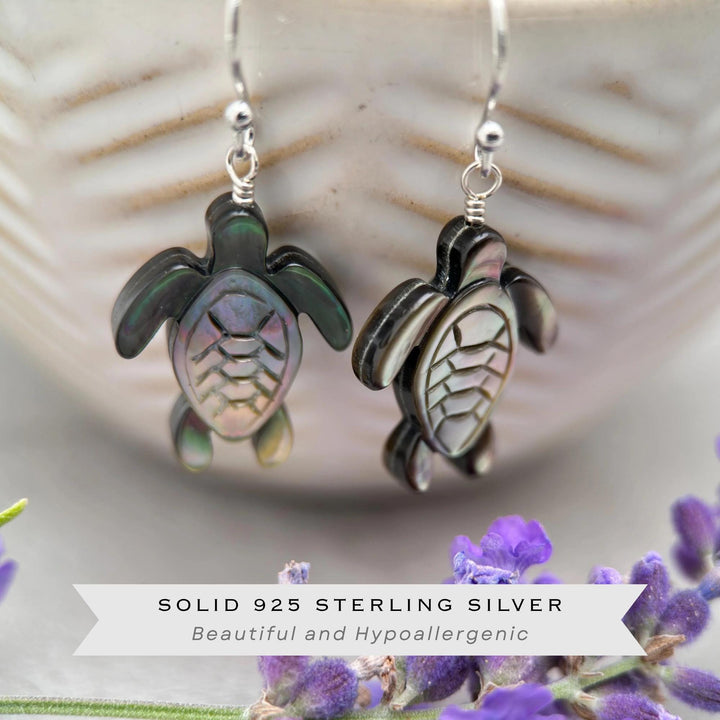 Black Mother of Pearl Sea Turtle and Sterling Silver Earrings - Black Lipped Oyster Shell Tortuga Jewelry - SunlightSilver