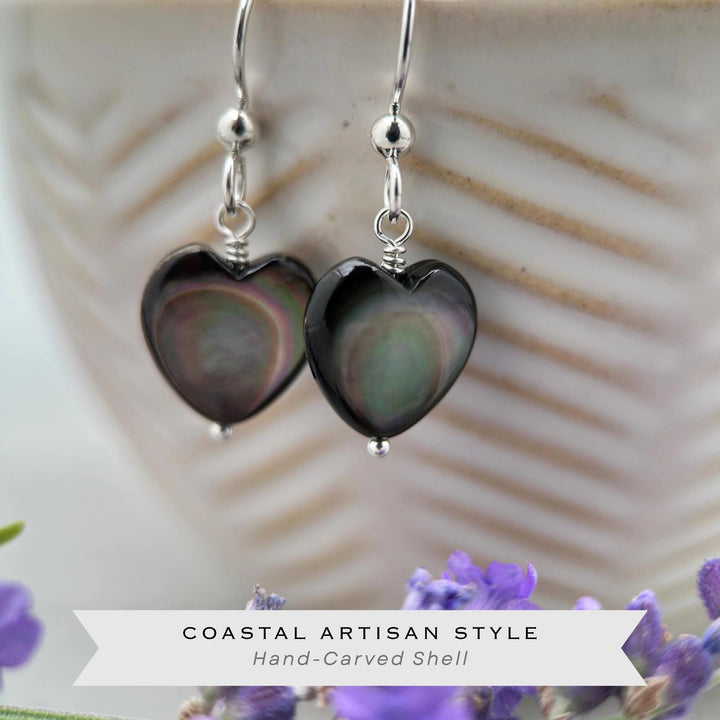 Black Lip Oyster Shell Heart Earrings | Sterling Silver Mother of Pearl Jewelry | Love, Friendship Symbol - SunlightSilver