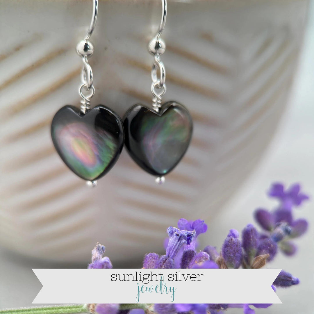 Black Lip Oyster Shell Heart Earrings | Sterling Silver Mother of Pearl Jewelry | Love, Friendship Symbol - SunlightSilver