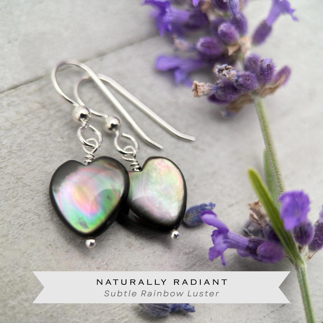 Black Lip Oyster Shell Heart Earrings | Sterling Silver Mother of Pearl Jewelry | Love, Friendship Symbol - SunlightSilver
