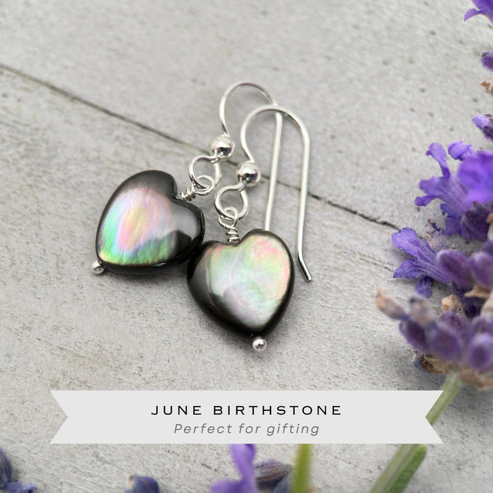 Black Lip Oyster Shell Heart Earrings | Sterling Silver Mother of Pearl Jewelry | Love, Friendship Symbol - SunlightSilver