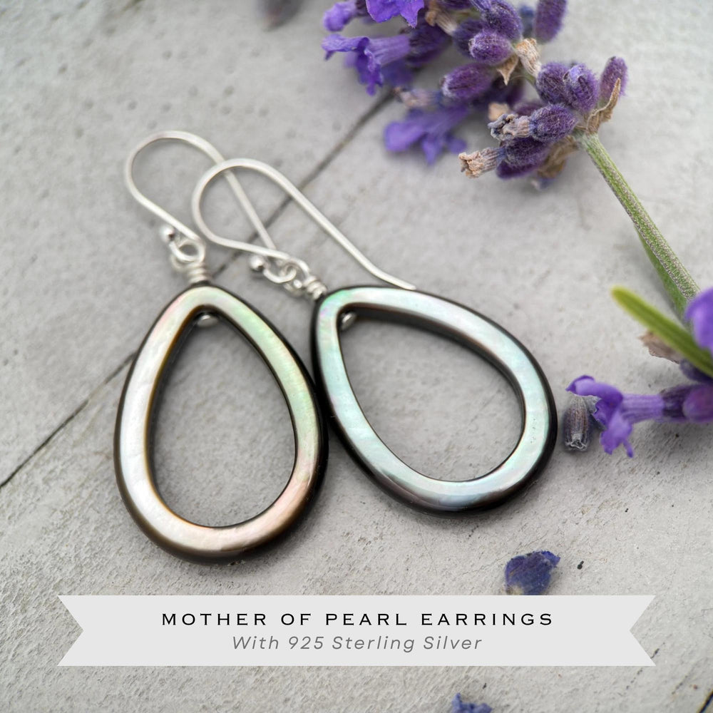 Black Mother of Pearl Teardrop Earrings – Elegant Sterling Silver Shell Drop Jewelry - Black Lip Oyster Shell Hoop Earrings - SunlightSilver