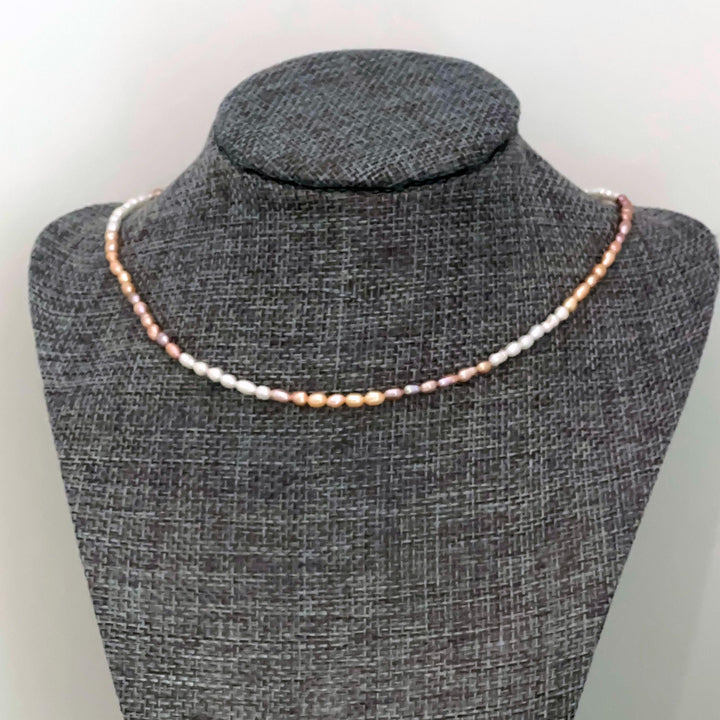 Multicolor Freshwater Pearl Necklace - Sterling Silver, Pink Peach White Pearl Jewelry, Baroque Rice Layering Necklace, Gift for Her - SunlightSilver