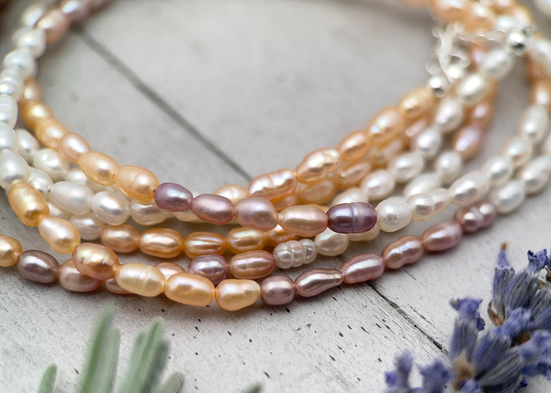Multicolor Freshwater Pearl Necklace - Sterling Silver, Pink Peach White Pearl Jewelry, Baroque Rice Layering Necklace, Gift for Her - SunlightSilver