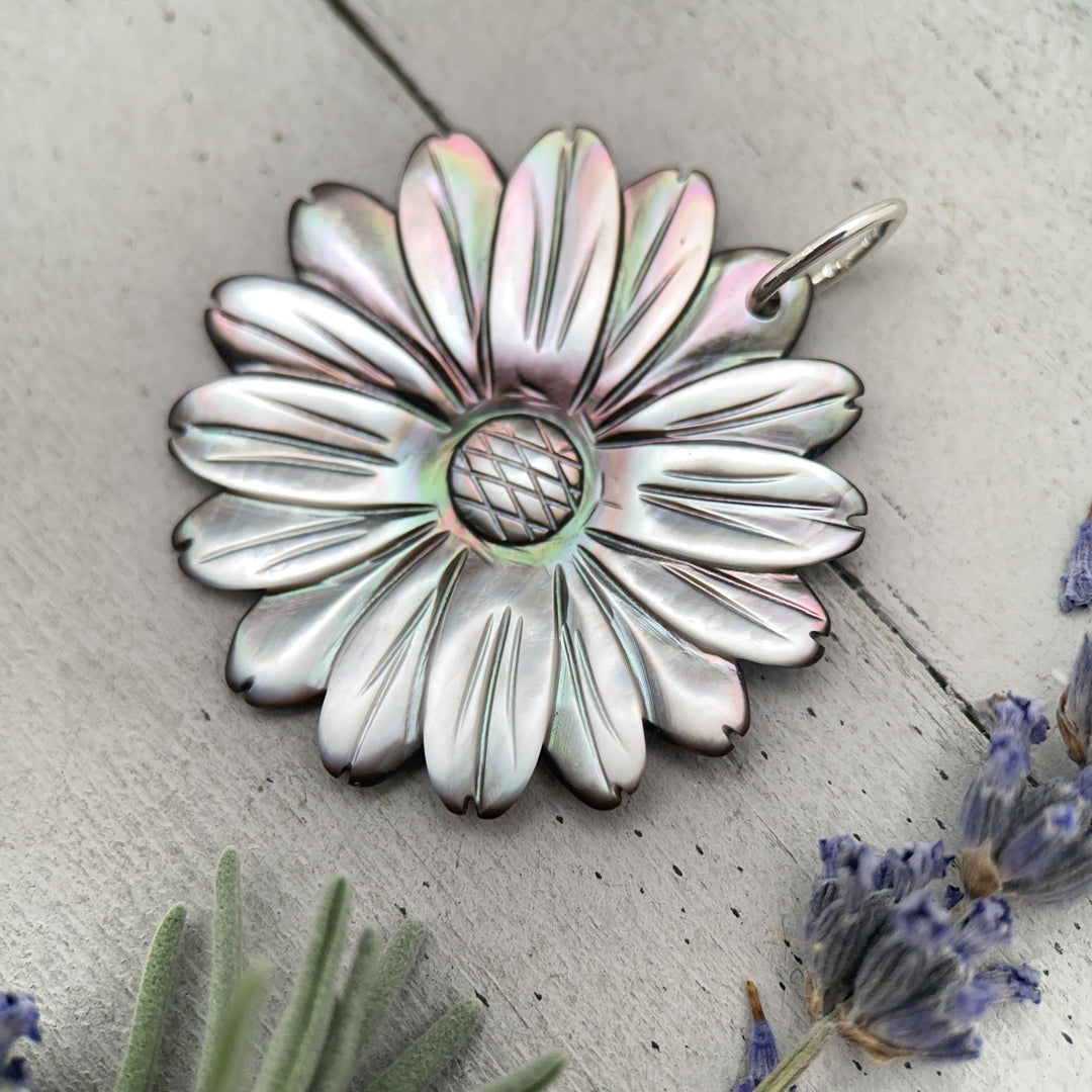 Peacock Abalone Paua Shell Flower Pendant Necklace – Solid 925 Sterling Silver – Large 2 Inch - Rainbow Colorful Carved Daisy - Coastal Boho - SunlightSilver