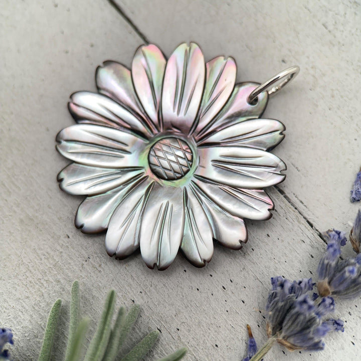 Peacock Abalone Paua Shell Flower Pendant Necklace – Solid 925 Sterling Silver – Large 2 Inch - Rainbow Colorful Carved Daisy - Coastal Boho - SunlightSilver