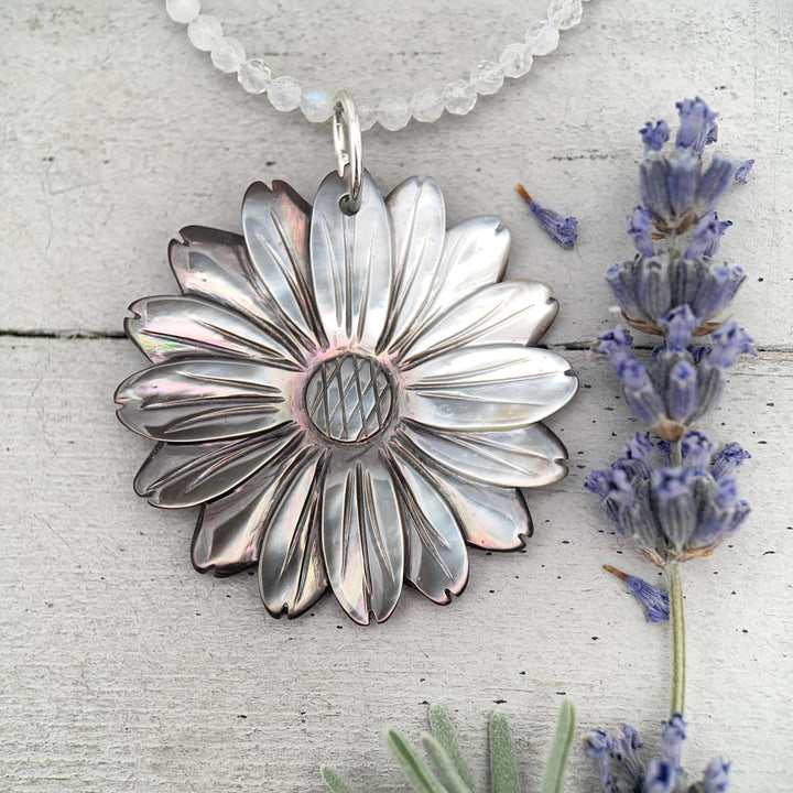 Peacock Abalone Paua Shell Flower Pendant Necklace – Solid 925 Sterling Silver – Large 2 Inch - Rainbow Colorful Carved Daisy - Coastal Boho - SunlightSilver