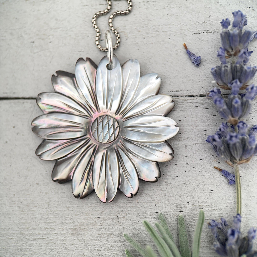 Peacock Abalone Paua Shell Flower Pendant Necklace – Solid 925 Sterling Silver – Large 2 Inch - Rainbow Colorful Carved Daisy - Coastal Boho - SunlightSilver