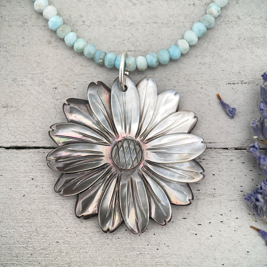 Peacock Abalone Paua Shell Flower Pendant Necklace – Solid 925 Sterling Silver – Large 2 Inch - Rainbow Colorful Carved Daisy - Coastal Boho - SunlightSilver