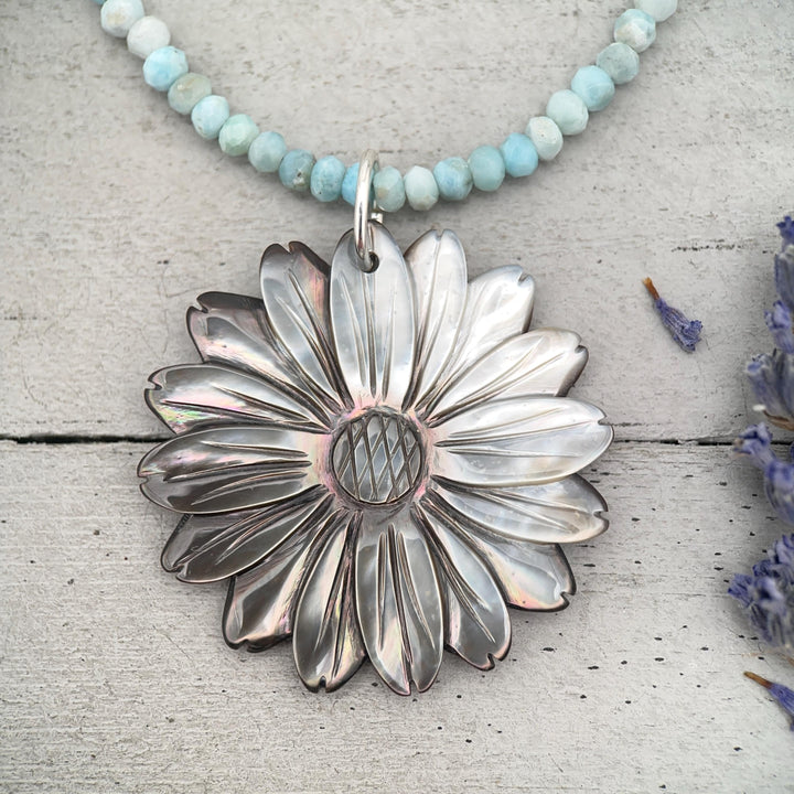 Peacock Abalone Paua Shell Flower Pendant Necklace – Solid 925 Sterling Silver – Large 2 Inch - Rainbow Colorful Carved Daisy - Coastal Boho - SunlightSilver