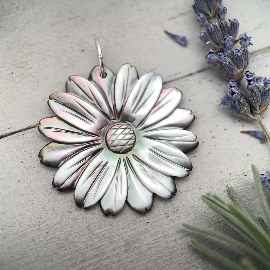 Peacock Abalone Paua Shell Flower Pendant Necklace – Solid 925 Sterling Silver – Large 2 Inch - Rainbow Colorful Carved Daisy - Coastal Boho - SunlightSilver