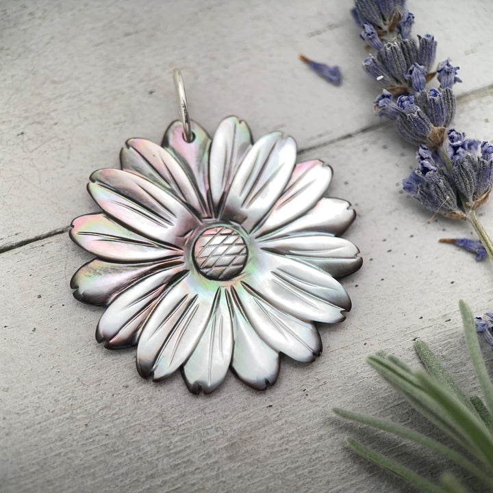 Peacock Abalone Paua Shell Flower Pendant Necklace – Solid 925 Sterling Silver – Large 2 Inch - Rainbow Colorful Carved Daisy - Coastal Boho - SunlightSilver