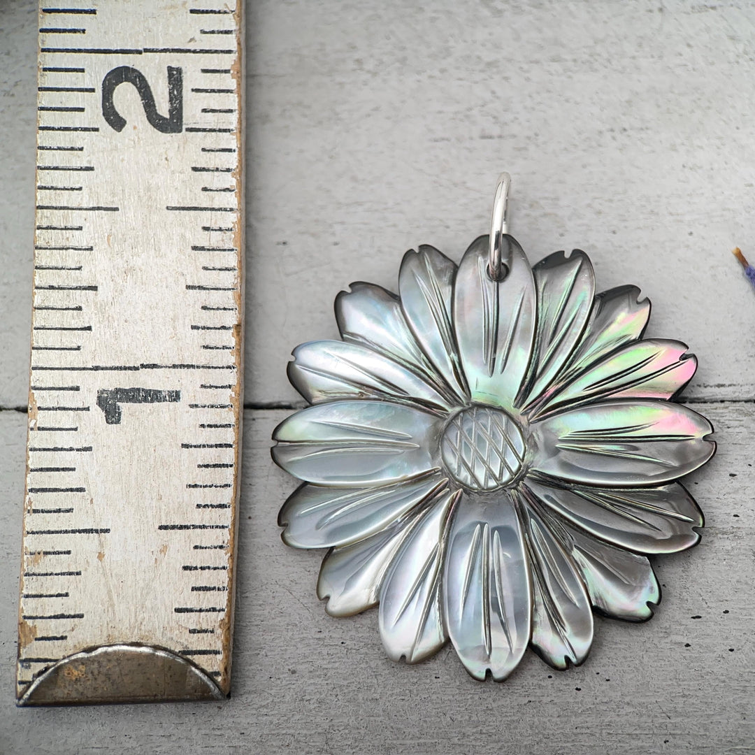 Peacock Abalone Paua Shell Flower Pendant Necklace – Solid 925 Sterling Silver – Large 2 Inch - Rainbow Colorful Carved Daisy - Coastal Boho - SunlightSilver