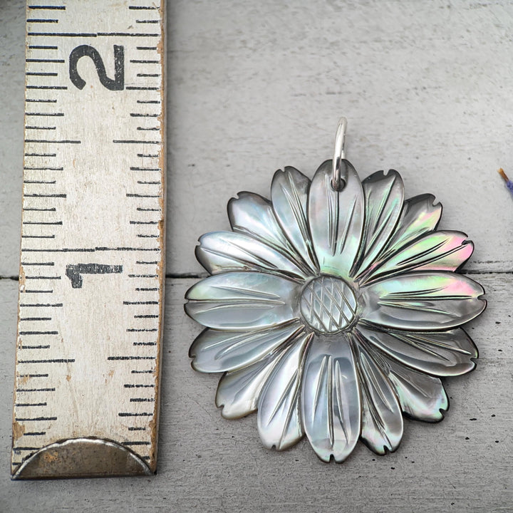 Peacock Abalone Paua Shell Flower Pendant Necklace – Solid 925 Sterling Silver – Large 2 Inch - Rainbow Colorful Carved Daisy - Coastal Boho - SunlightSilver