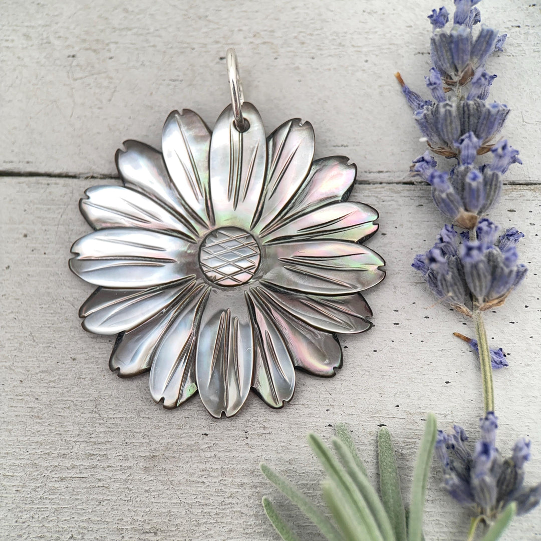 Peacock Abalone Paua Shell Flower Pendant Necklace – Solid 925 Sterling Silver – Large 2 Inch - Rainbow Colorful Carved Daisy - Coastal Boho - SunlightSilver