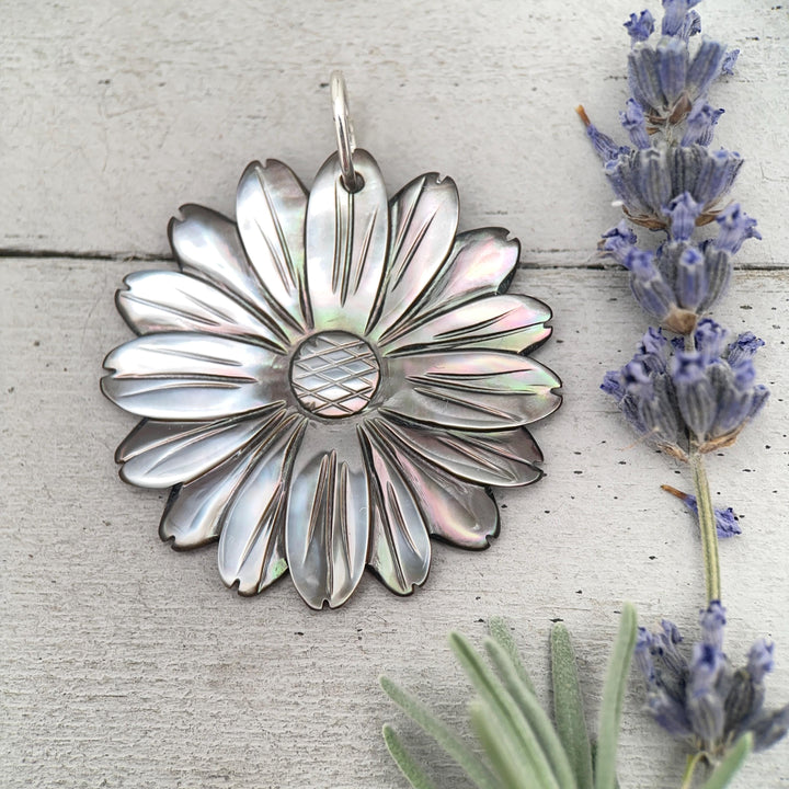 Peacock Abalone Paua Shell Flower Pendant Necklace – Solid 925 Sterling Silver – Large 2 Inch - Rainbow Colorful Carved Daisy - Coastal Boho - SunlightSilver