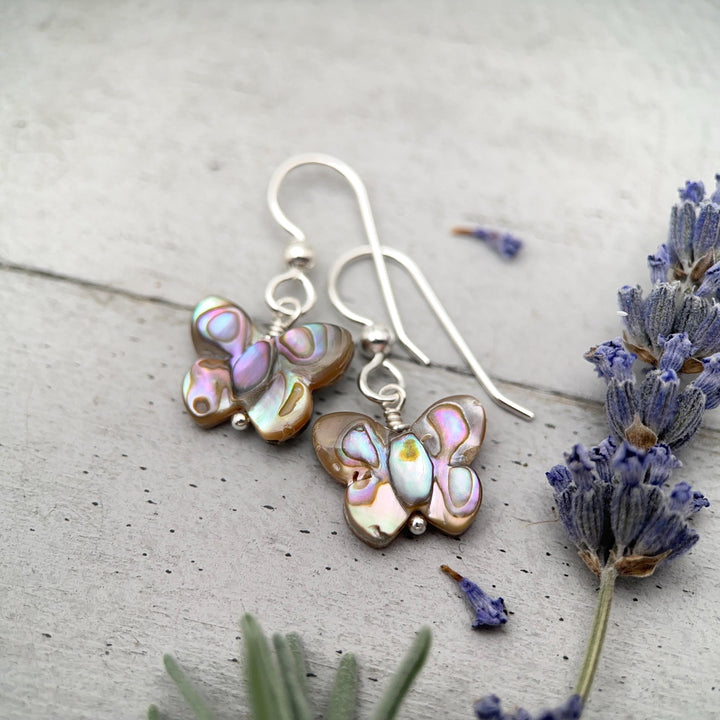 Abalone Butterfly Earrings, Sterling Silver & Paua Shell, Nature Inspired Jewelry, Handmade Coastal Gift for Her - SunlightSilver