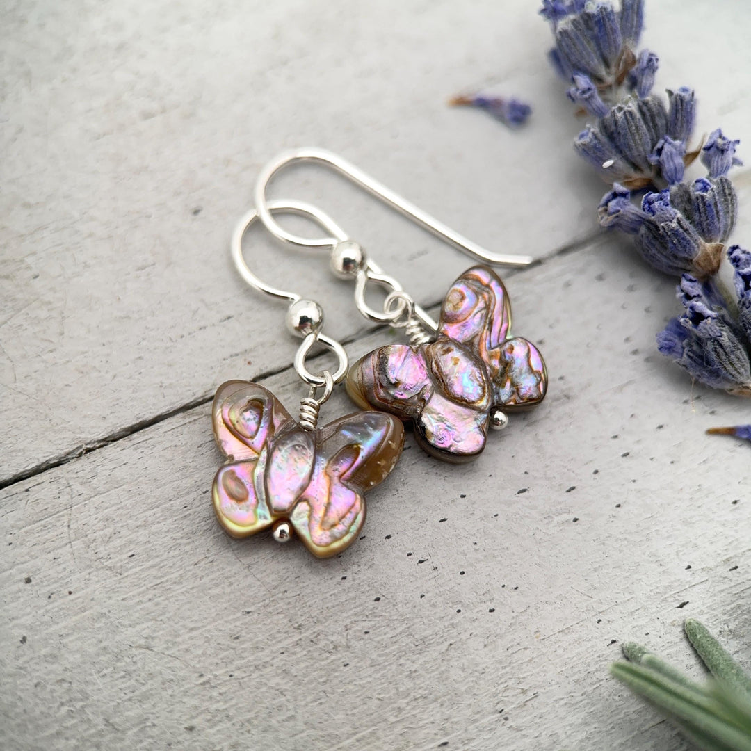 Abalone Butterfly Earrings, Sterling Silver & Paua Shell, Nature Inspired Jewelry, Handmade Coastal Gift for Her - SunlightSilver