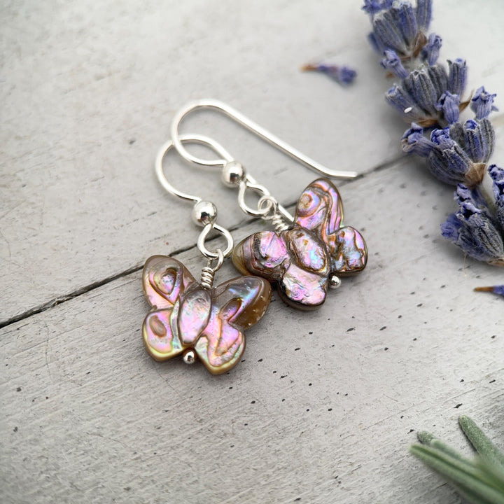 Abalone Butterfly Earrings, Sterling Silver & Paua Shell, Nature Inspired Jewelry, Handmade Coastal Gift for Her - SunlightSilver